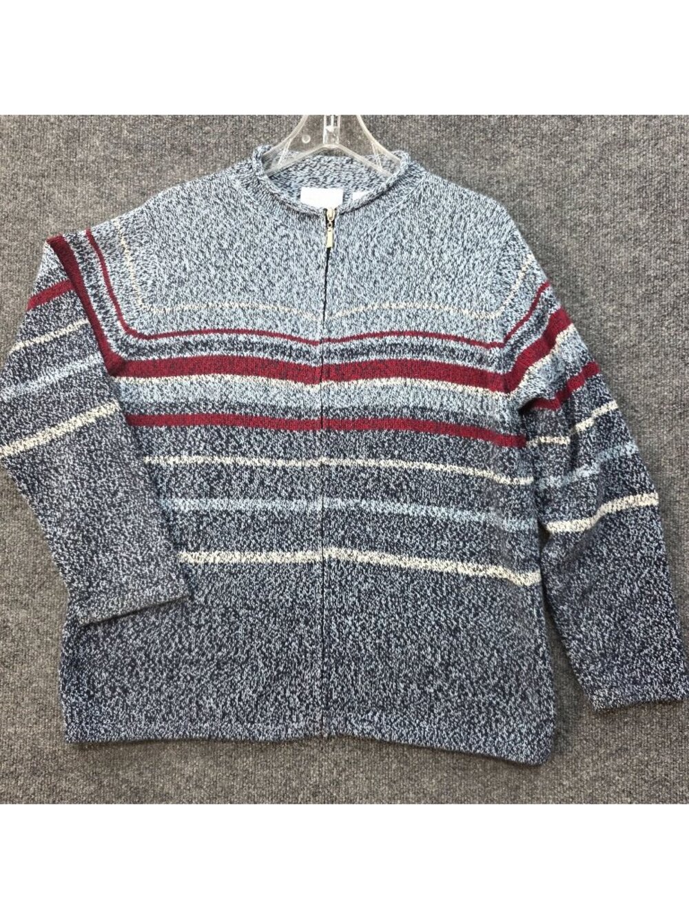 Liz Claiborne L Zip Front Marled Knit Cardigan Sweater Striped Blue Old Money